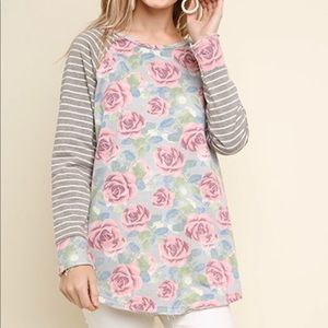 Rose and striped sleeve top
